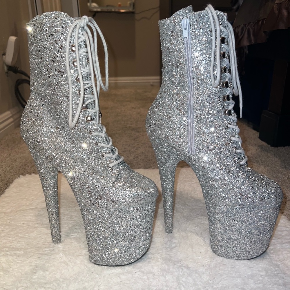 Pleaser Silver Glitter Platform Boots